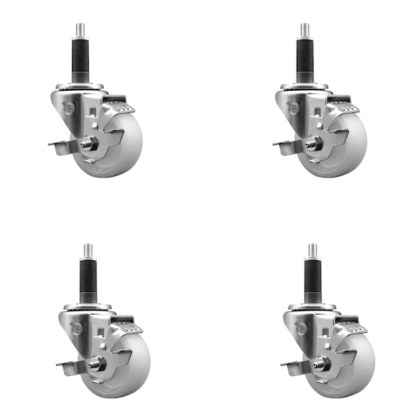 3'' SS Nylon Swivel 1'' Expanding Stem Caster Set with Brake, 4PK